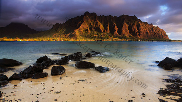 Sunrise over Kualoa as seen from Mokolii or Chinaman's Hat, Koolau Mountains Oahu Hawaii