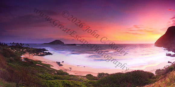 Sunrise and waves over Manana and Kaohikaipu Islands, or Rabbit and Flat Islands, near Makapuu lighthouse and Beach Oahu Hawaii