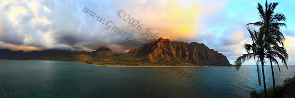 Sunrise over Kualoa as seen from Mokolii or Chinaman's Hat, Koolau Mountains Oahu Hawaii
