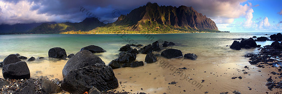 Sunrise over Kualoa as seen from Mokolii or Chinaman's Hat, Koolau Mountains Oahu Hawaii
