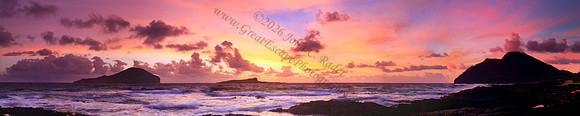 Sunrise and waves over Manana and Kaohikaipu Islands, or Rabbit and Flat Islands, near Makapuu lighthouse and Beach Oahu Hawaii