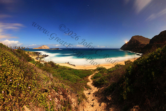 Night photography long exposure of Manana and Kaohikaipu Islands, or Rabbit and Flat Islands, near Makapuu lighthouse and Beach Oahu Hawaii