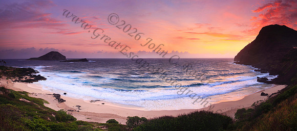 Sunrise and waves over Manana and Kaohikaipu Islands, or Rabbit and Flat Islands, near Makapuu lighthouse and Beach Oahu Hawaii