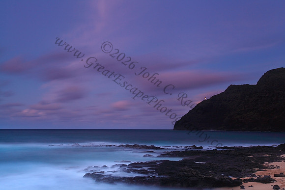 Sunset and waves over Manana and Kaohikaipu Islands, or Rabbit and Flat Islands, near Makapuu Oahu Hawaii