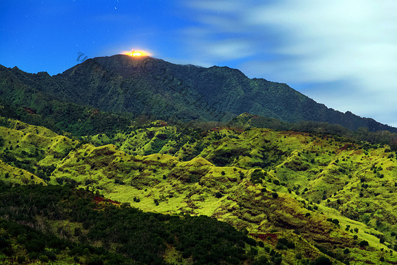 Mount Kaala night long exposure full moon Waianae mountains as seen from Wahiawa Oahu Hawaii