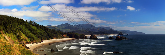 Haystack Rock and Cannon Beach as seen from Ecola State Park, Oregon, Pacific Northwest