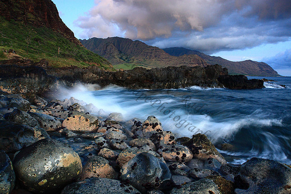 Waves crash reflections Makua Yokohama Bay Leeward side Oahu Hawaii