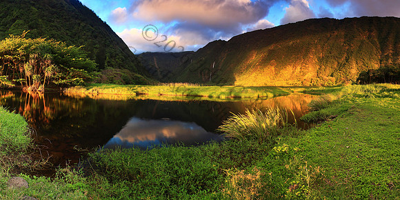 Waterfalls and sunrise panorama of Waimanu Valley on Hamakua Coast in Kohala Mountains Big Island Hawaii