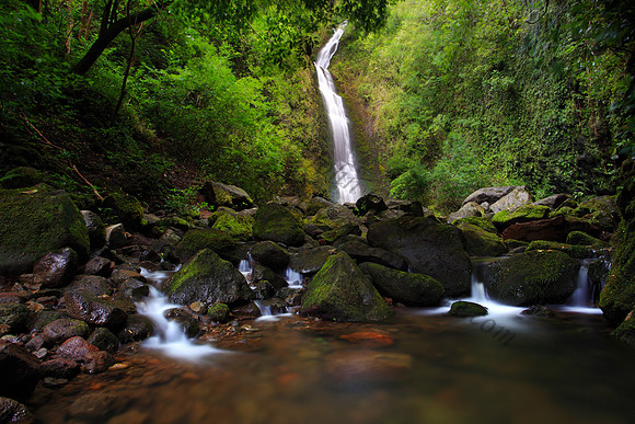 Heavy rain Lulumahu Falls tucked in the Koolau Mountains in Nuuanu Valley, Oahu, Hawaii